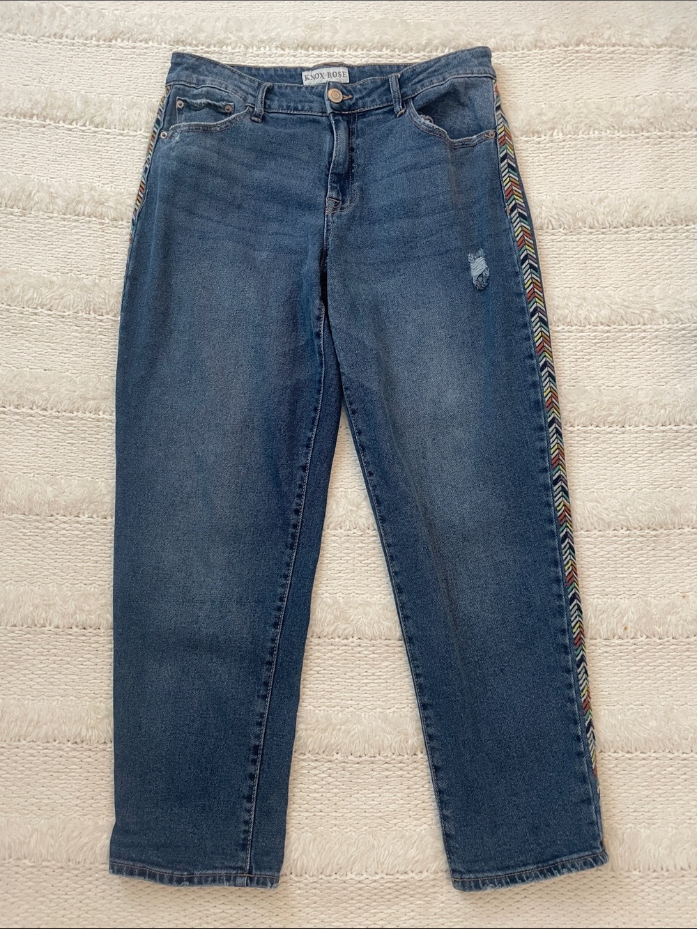 Knox Rose distressed jeans Chevron embroidered side stripes women’s size 10